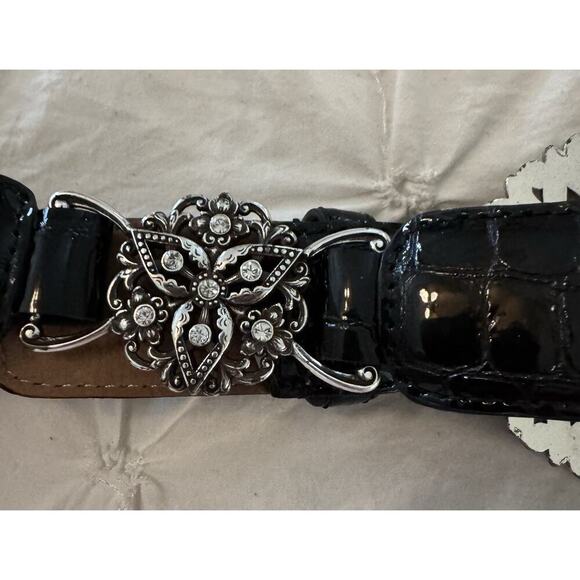 Vintage Brighton Leather Belt Charms Embellished Black Silvertone Links 90s - Picture 7 of 9